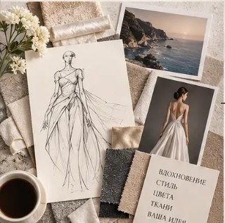 Moodboard: dress sketch, references, fabrics
